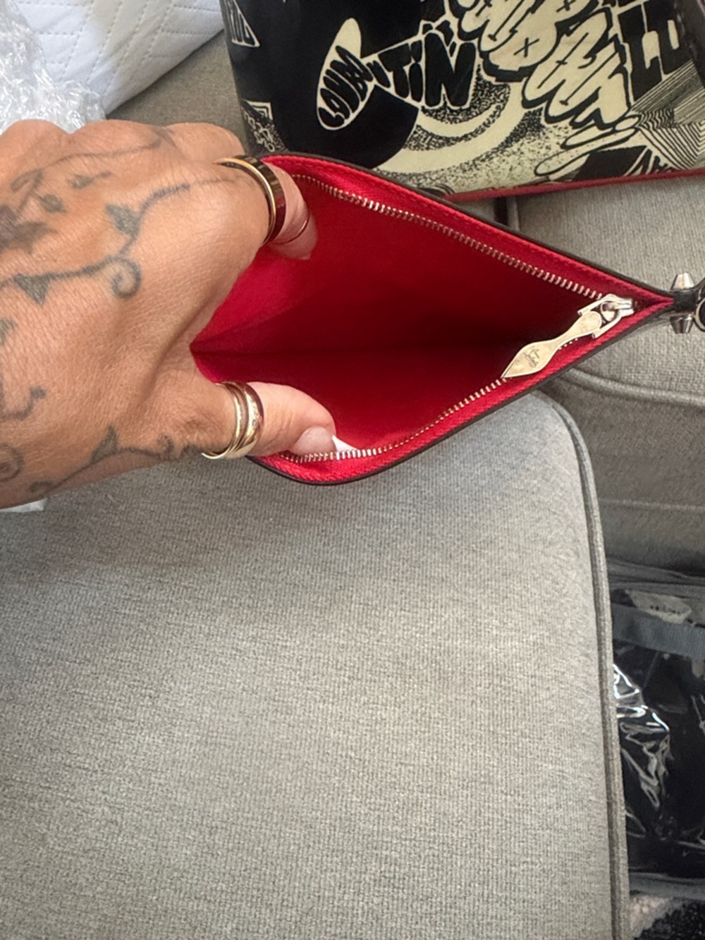 Christian Louboutin Black & White Graffiti Patent Tote with Red Trim. - Picture 4 of 6